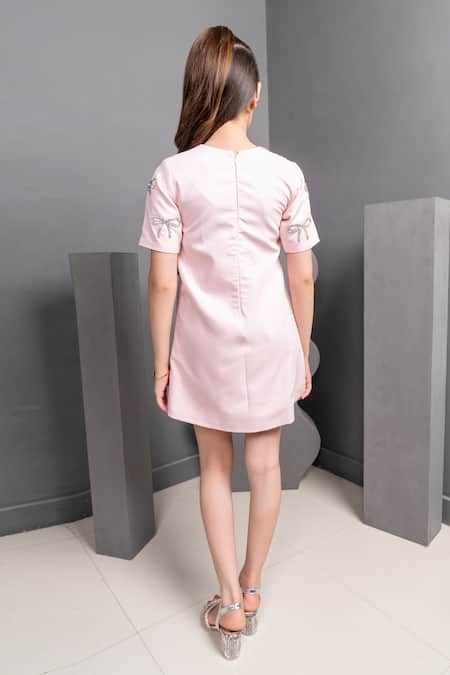 Shop Hoity Moppet Pink Satin Embroidery Bow Dress at Aza Fashions Shop_Hoity Moppet_Pink Satin Embroidery Bow Dress _at_Aza_Fashions
