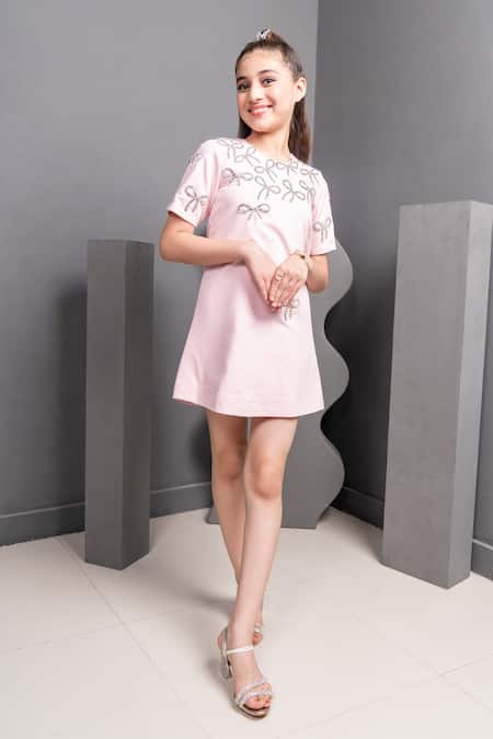 Hoity Moppet Pink Satin Embroidery Bow Dress Online at Aza Fashions Hoity Moppet_Pink Satin Embroidery Bow Dress _Online_at_Aza_Fashions