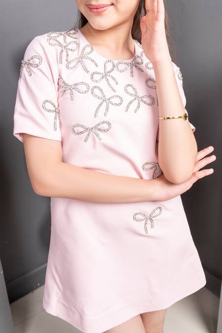 Shop Hoity Moppet Pink Satin Embroidery Bow Dress Online at Aza Fashions Shop_Hoity Moppet_Pink Satin Embroidery Bow Dress _Online_at_Aza_Fashions