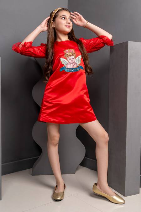 Buy Hoity Moppet Red Satin Beads, Patchwork Charlies Angel Embroidered Dress Online at Aza Fashions Buy_Hoity Moppet_Red Satin Beads, Patchwork Charlies Angel Embroidered Dress _Online_at_Aza_Fashions