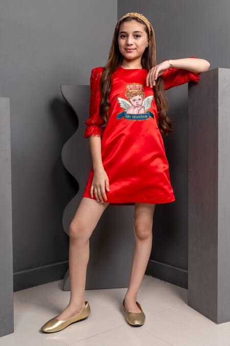 Shop Hoity Moppet Red Satin Beads, Patchwork Charlies Angel Embroidered Dress Online at Aza Fashions Shop_Hoity Moppet_Red Satin Beads, Patchwork Charlies Angel Embroidered Dress _Online_at_Aza_Fashions