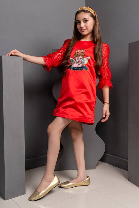 Hoity Moppet Red Satin Beads, Patchwork Charlies Angel Embroidered Dress at Aza Fashions Hoity Moppet_Red Satin Beads, Patchwork Charlies Angel Embroidered Dress _at_Aza_Fashions