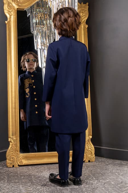 Shop Hoity Moppet Blue Crepe Dragonite Embroidered Sherwani With Pant at Aza Fashions Shop_Hoity Moppet_Blue Crepe Dragonite Embroidered Sherwani With Pant _at_Aza_Fashions