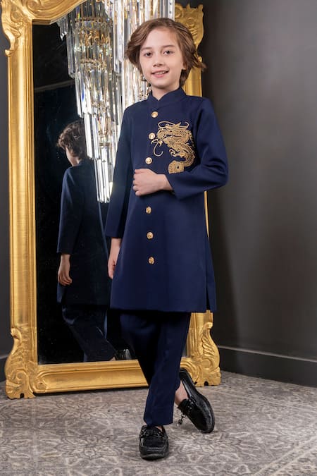 Hoity Moppet Blue Crepe Dragonite Embroidered Sherwani With Pant Online at Aza Fashions Hoity Moppet_Blue Crepe Dragonite Embroidered Sherwani With Pant _Online_at_Aza_Fashions