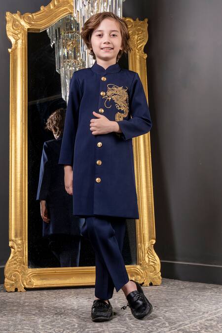 Hoity Moppet Blue Crepe Dragonite Embroidered Sherwani With Pant at Aza Fashions Hoity Moppet_Blue Crepe Dragonite Embroidered Sherwani With Pant _at_Aza_Fashions