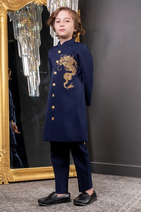 Buy Hoity Moppet Blue Crepe Dragonite Embroidered Sherwani With Pant Buy_Hoity Moppet_Blue Crepe Dragonite Embroidered Sherwani With Pant