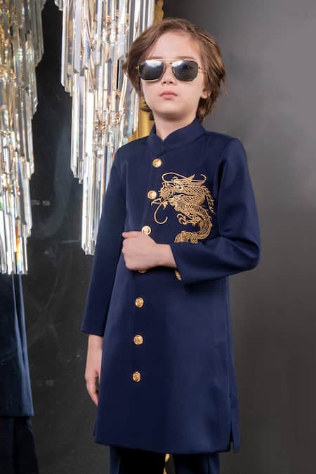 Shop Hoity Moppet Blue Crepe Dragonite Embroidered Sherwani With Pant Shop_Hoity Moppet_Blue Crepe Dragonite Embroidered Sherwani With Pant