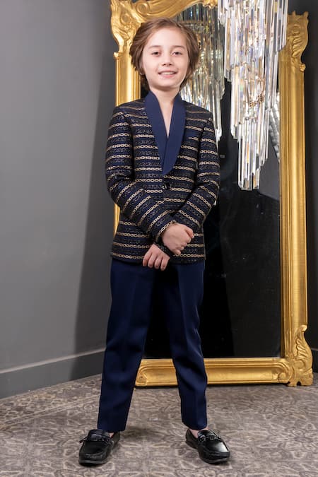 Buy_Hoity Moppet_Blue Jacquard, Cotton Envie Blazer With Pant _Online_at_Aza_Fashions