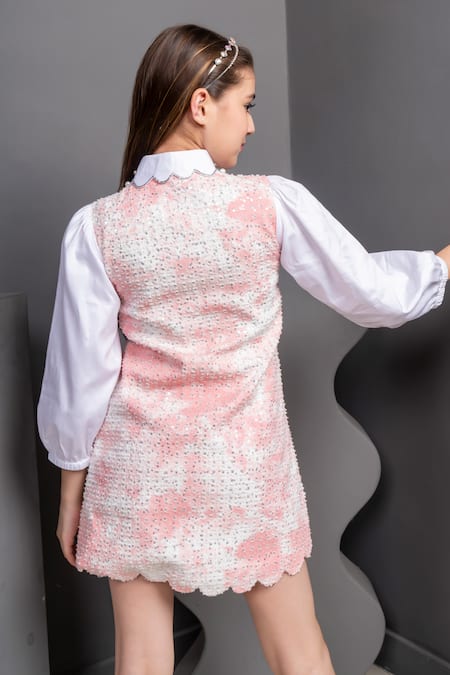 Shop Hoity Moppet Pink Denim Sequins, Pearls Esme Embroidered Dress at Aza Fashions Shop_Hoity Moppet_Pink Denim Sequins, Pearls Esme Embroidered Dress _at_Aza_Fashions