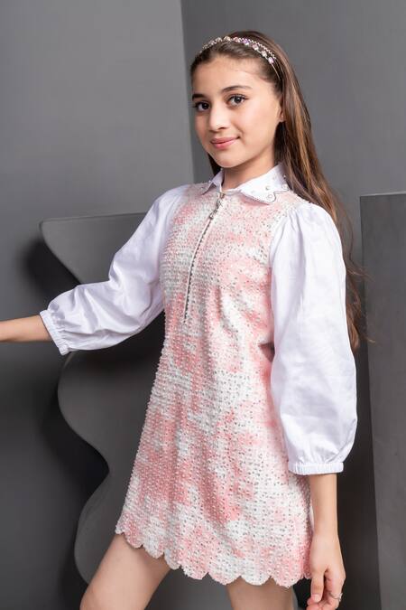 Hoity Moppet Pink Denim Sequins, Pearls Esme Embroidered Dress Online at Aza Fashions Hoity Moppet_Pink Denim Sequins, Pearls Esme Embroidered Dress _Online_at_Aza_Fashions