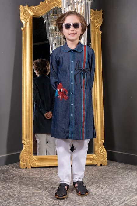 Hoity Moppet Blue Denim Hand Painted Spidermen Far From Home Kurta With Pyjama 