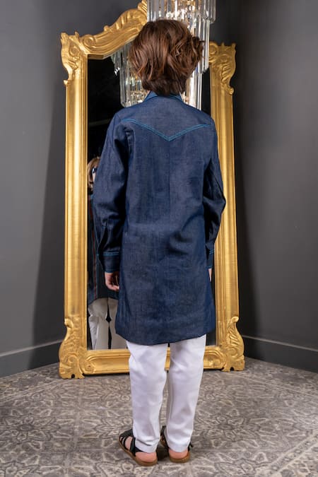 Shop_Hoity Moppet_Blue Denim, Cotton Embroidery Far From Home Hand Painted Kurta With Pyjama _at_Aza_Fashions