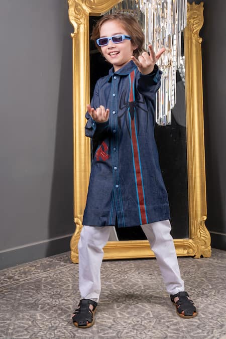 Hoity Moppet_Blue Denim, Cotton Embroidery Far From Home Hand Painted Kurta With Pyjama _Online_at_Aza_Fashions