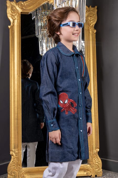 Buy_Hoity Moppet_Blue Denim, Cotton Embroidery Far From Home Hand Painted Kurta With Pyjama _Online_at_Aza_Fashions