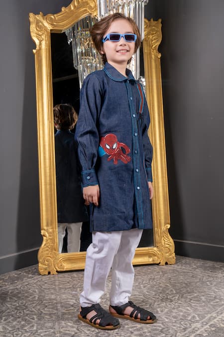 Shop_Hoity Moppet_Blue Denim, Cotton Embroidery Far From Home Hand Painted Kurta With Pyjama _Online_at_Aza_Fashions