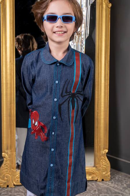Hoity Moppet_Blue Denim, Cotton Embroidery Far From Home Hand Painted Kurta With Pyjama _at_Aza_Fashions