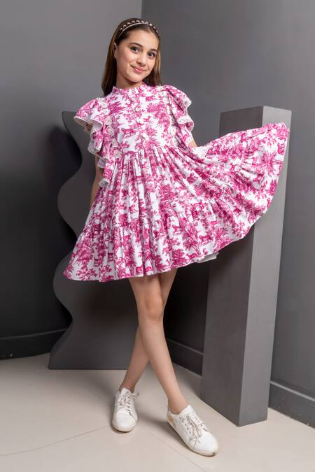 Hoity Moppet_Pink Georgette Embroidery, Applique Abstract Tiered Dress _Online_at_Aza_Fashions