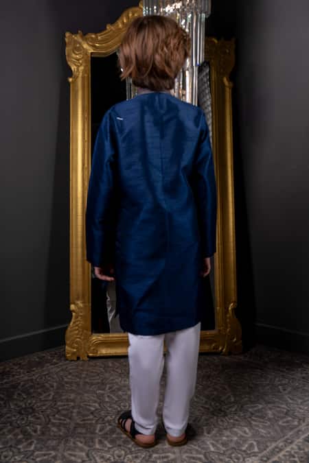 Shop_Hoity Moppet_Blue Cotton, Silk Embroidery Game Boy Hand Painted Kurta With Pyjama _at_Aza_Fashions