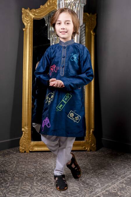 Shop_Hoity Moppet_Blue Cotton, Silk Embroidery Game Boy Hand Painted Kurta With Pyjama _Online_at_Aza_Fashions