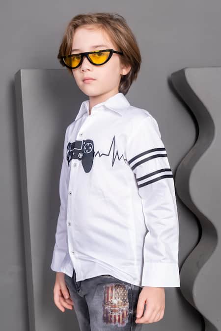 Buy Hoity Moppet White Cotton Embroidery Gamer Zone Hand Painted Shirt Online at Aza Fashions Buy_Hoity Moppet_White Cotton Embroidery Gamer Zone Hand Painted Shirt _Online_at_Aza_Fashions