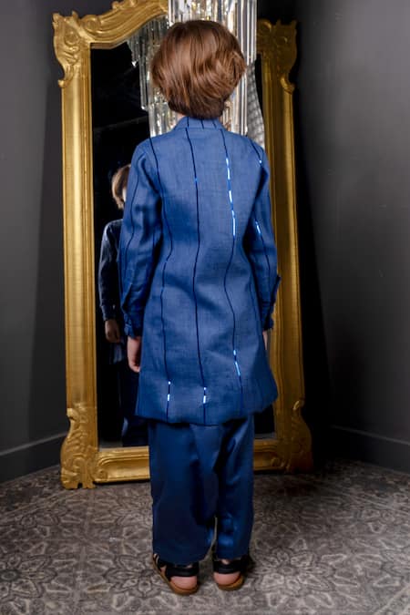 Shop Hoity Moppet Blue Linen Metallic Thread God Damn Embellished Kurta With Pyjama at Aza Fashions Shop_Hoity Moppet_Blue Linen Metallic Thread God Damn Embellished Kurta With Pyjama _at_Aza_Fashions