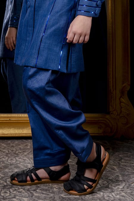 Hoity Moppet Blue Linen Metallic Thread God Damn Embellished Kurta With Pyjama Online at Aza Fashions Hoity Moppet_Blue Linen Metallic Thread God Damn Embellished Kurta With Pyjama _Online_at_Aza_Fashions