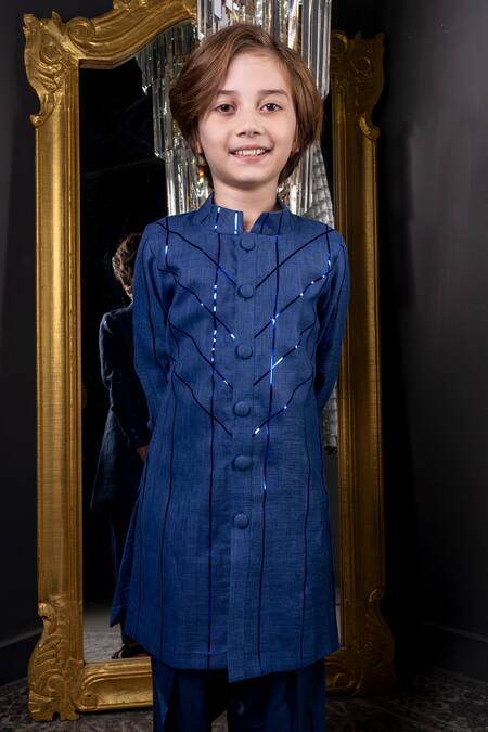 Buy Hoity Moppet Blue Linen Metallic Thread God Damn Embellished Kurta With Pyjama Online at Aza Fashions Buy_Hoity Moppet_Blue Linen Metallic Thread God Damn Embellished Kurta With Pyjama _Online_at_Aza_Fashions