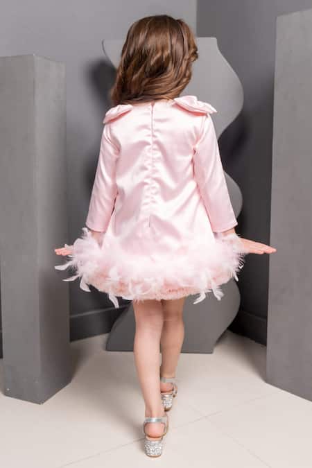 Shop Hoity Moppet Pink Satin Fringe, Bows Golden Carriage Embroidered Dress at Aza Fashions Shop_Hoity Moppet_Pink Satin Fringe, Bows Golden Carriage Embroidered Dress _at_Aza_Fashions