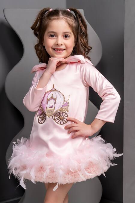 Shop Hoity Moppet Pink Satin Fringe, Bows Golden Carriage Embroidered Dress Online at Aza Fashions Shop_Hoity Moppet_Pink Satin Fringe, Bows Golden Carriage Embroidered Dress _Online_at_Aza_Fashions