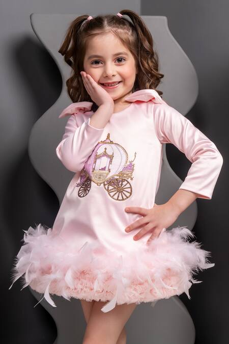 Hoity Moppet Pink Satin Fringe, Bows Golden Carriage Embroidered Dress at Aza Fashions Hoity Moppet_Pink Satin Fringe, Bows Golden Carriage Embroidered Dress _at_Aza_Fashions
