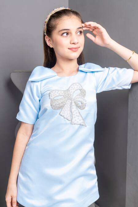Hoity Moppet Blue Satin Embroidery Its Paris Everyone Bow Dress at Aza Fashions Hoity Moppet_Blue Satin Embroidery Its Paris Everyone Bow Dress _at_Aza_Fashions