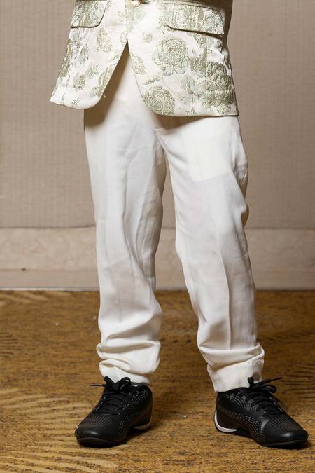 Kirti Agarwal - Pret N Couture_Off White Gingham, Suede, Cotton Embroidery Floral Metallic Jacket Pant Set_Online_at_Aza_Fashions