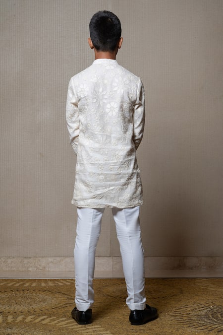 Shop_Kirti Agarwal - Pret N Couture_Off White Chanderi Silk, Cotton, Linen Embroidery Floral Sherwani And Pant _at_Aza_Fashions