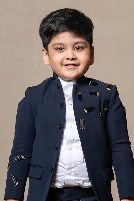 Buy Kirti Agarwal - Pret N Couture Blue Jacquard, Gingham Beads Embellished Bandhgala Pant Set Online at Aza Fashions Buy_Kirti Agarwal - Pret N Couture_Blue Jacquard, Gingham Beads Embellished Bandhgala Pant Set _Online_at_Aza_Fashions