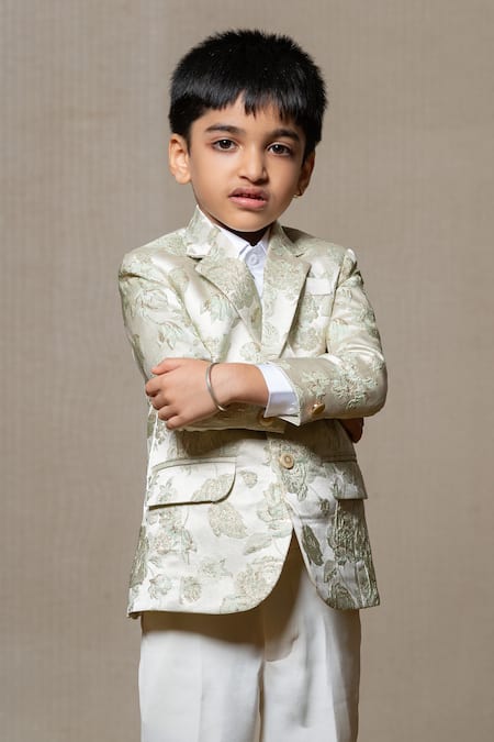 Buy_Kirti Agarwal - Pret N Couture_Off White Jacquard, Gingham Embroidery Floral Woven Metallic Jacket Pant Set_Online_at_Aza_Fashions