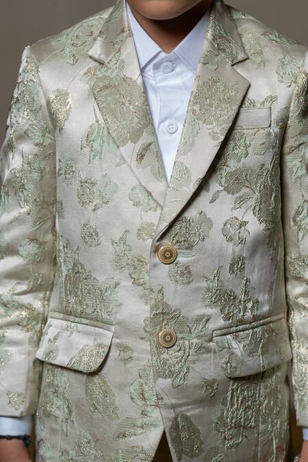 Shop_Kirti Agarwal - Pret N Couture_Off White Jacquard, Gingham Embroidery Floral Woven Metallic Jacket Pant Set_Online_at_Aza_Fashions