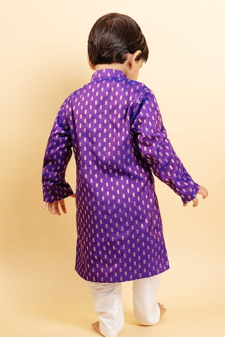 Shop_Kirti Agarwal - Pret N Couture_Purple Silk, Cotton Embroidery Butti Woven Kurta With Churidar _at_Aza_Fashions