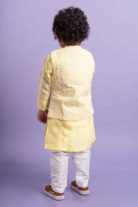 Shop Kirti Agarwal - Pret N Couture Yellow Chanderi , Cotton, Embroidery Thread Bundi Kurta Set at Aza Fashions Shop_Kirti Agarwal - Pret N Couture_Yellow Chanderi , Cotton, Embroidery Thread Bundi Kurta Set _at_Aza_Fashions