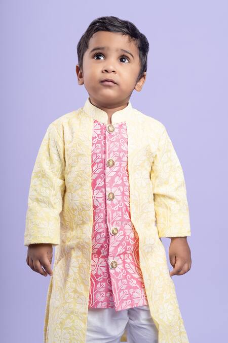 Buy Kirti Agarwal - Pret N Couture Pink Chanderi Silk, Satin, Floral Layered Kurta With Pant Online at Aza Fashions Buy_Kirti Agarwal - Pret N Couture_Pink Chanderi Silk, Satin, Floral Layered Kurta With Pant _Online_at_Aza_Fashions