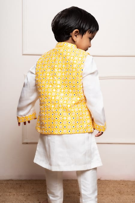 Shop Kirti Agarwal - Pret N Couture Yellow Silk, Satin, Cotton Embroidery, Mirrors Bundi Kurta Set at Aza Fashions Shop_Kirti Agarwal - Pret N Couture_Yellow Silk, Satin, Cotton Embroidery, Mirrors Bundi Kurta Set _at_Aza_Fashions