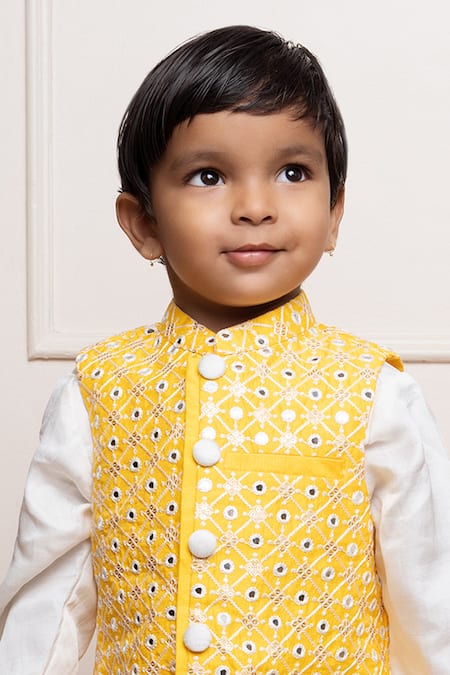 Kirti Agarwal - Pret N Couture Yellow Silk, Satin, Cotton Embroidery, Mirrors Bundi Kurta Set Online at Aza Fashions Kirti Agarwal - Pret N Couture_Yellow Silk, Satin, Cotton Embroidery, Mirrors Bundi Kurta Set _Online_at_Aza_Fashions