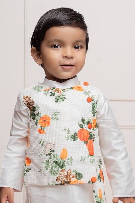 Kirti Agarwal - Pret N Couture_Off White Cotton, Spandex Embroidery Floral Pattern Jacket Kurta Set _Online_at_Aza_Fashions