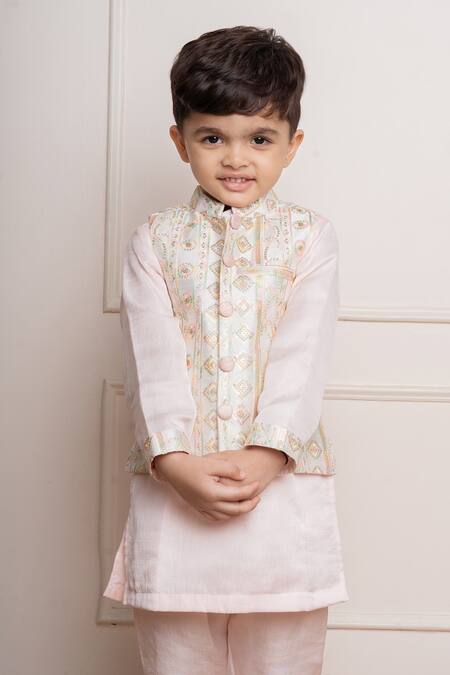 Buy_Kirti Agarwal - Pret N Couture_Pink Silk, Satin, Cotton Sequins, Embroidery Floral Vine Bundi Kurta Set _Online_at_Aza_Fashions