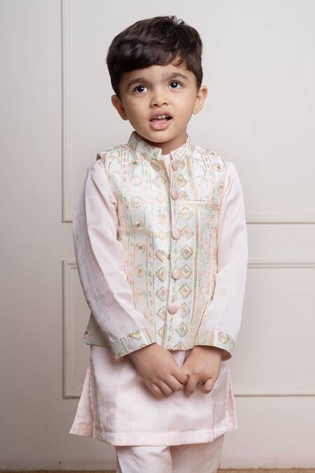 Shop_Kirti Agarwal - Pret N Couture_Pink Silk, Satin, Cotton Sequins, Embroidery Floral Vine Bundi Kurta Set _Online_at_Aza_Fashions