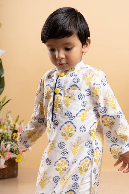 Shop Kirti Agarwal - Pret N Couture White Cotton, Silk Embroidery Mughal Floral Print Kurta With Pant Online at Aza Fashions Shop_Kirti Agarwal - Pret N Couture_White Cotton, Silk Embroidery Mughal Floral Print Kurta With Pant _Online_at_Aza_Fashions