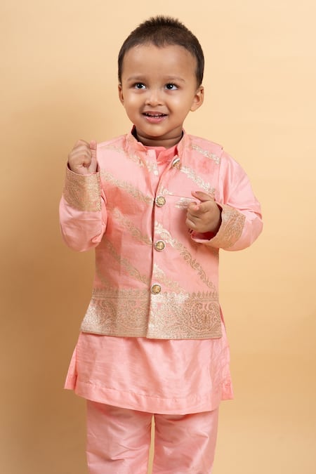 Buy Kirti Agarwal - Pret N Couture Peach Chanderi Silk, Cotton Satin Embroidery Floral Vine Woven Bundi Kurta Set Online at Aza Fashions Buy_Kirti Agarwal - Pret N Couture_Peach Chanderi Silk, Cotton Satin Embroidery Floral Vine Woven Bundi Kurta Set _Online_at_Aza_Fashions