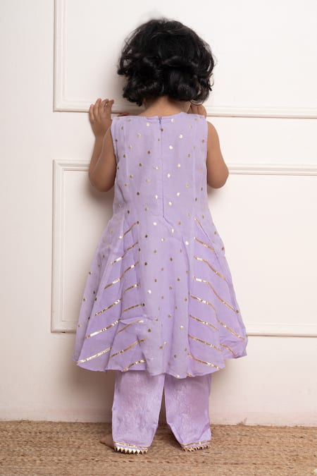 Shop Kirti Agarwal - Pret N Couture Purple Georgette, Denim Mirrors, Gota Patti Work Kurta And Tulip Pant Set at Aza Fashions Shop_Kirti Agarwal - Pret N Couture_Purple Georgette, Denim Mirrors, Gota Patti Work Kurta And Tulip Pant Set _at_Aza_Fashions