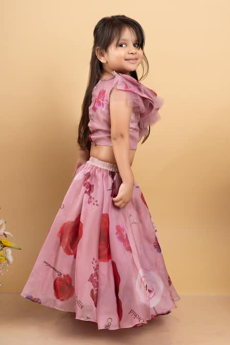 Shop Kirti Agarwal - Pret N Couture Pink Silk, Organza Embroidery Floral Ruffled Top And Lehenga Set at Aza Fashions Shop_Kirti Agarwal - Pret N Couture_Pink Silk, Organza Embroidery Floral Ruffled Top And Lehenga Set _at_Aza_Fashions