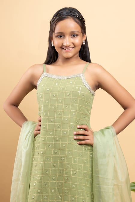 Kirti Agarwal - Pret N Couture_Green Organza, Georgette, Cotton Lace, Sequins Embroidered Kurta Sharara Set_Online_at_Aza_Fashions