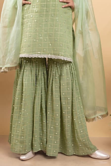 Buy_Kirti Agarwal - Pret N Couture_Green Organza, Georgette, Cotton Lace, Sequins Embroidered Kurta Sharara Set_Online_at_Aza_Fashions